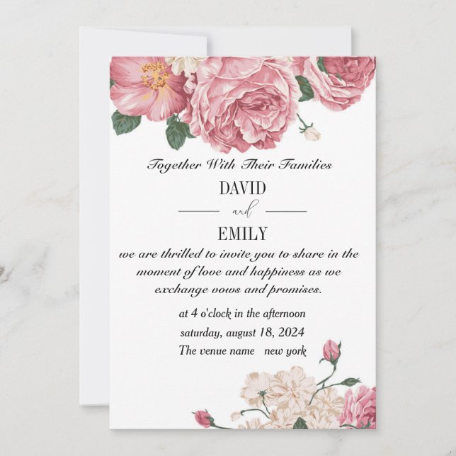 Invitación de boda única con rosas rojas y blancas (Anverso)
