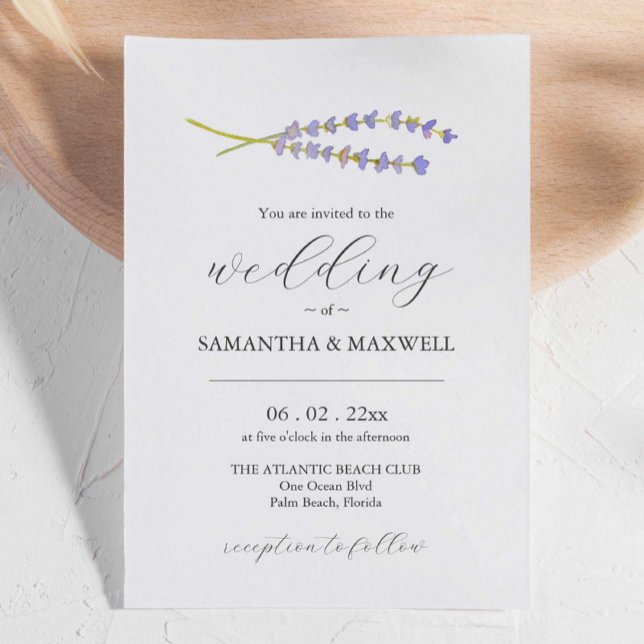 Invitación de boda única diseña lavanda (Wedding invitation watercolor lavender art and design by Victoria Grigaliunas of Do Tell A Belle)