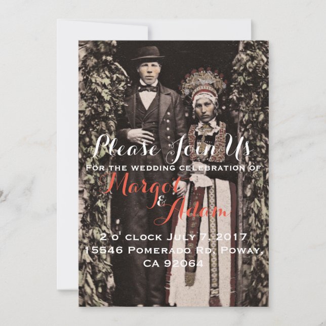 Invitación de boda única, quirky, vintage (Anverso)