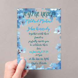 invitación de boda unión alegre con flores azules