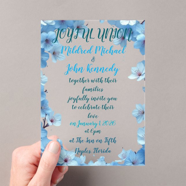 invitación de boda unión alegre con flores azules (Insitu (portátil))
