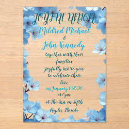 invitación de boda unión alegre con flores azules
