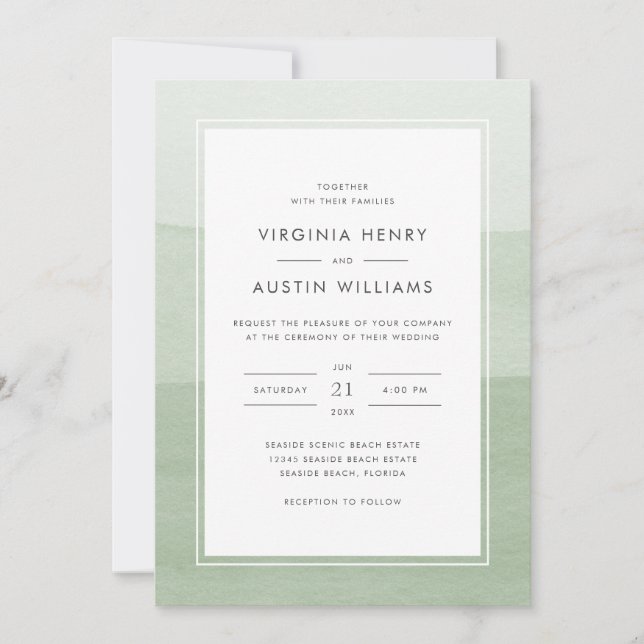Invitación de boda verde acuarela moderna (Anverso)