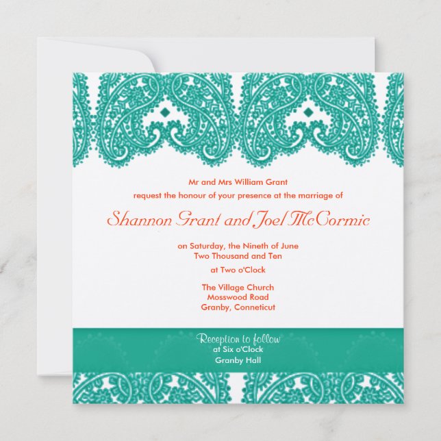 Invitación de boda Verde azulada y coral (Anverso)