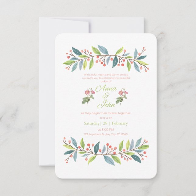 Invitación de boda verde bosque botánico moderno (Anverso)