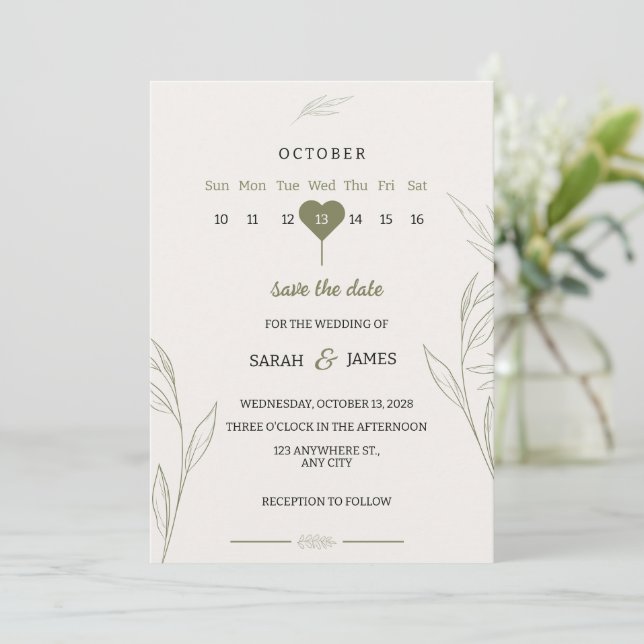 Invitación de boda verde botánica (Anverso de pie)