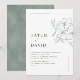 Invitación de boda verde con arte floral de línea