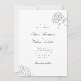 Invitación de boda verde con hortensia blanca