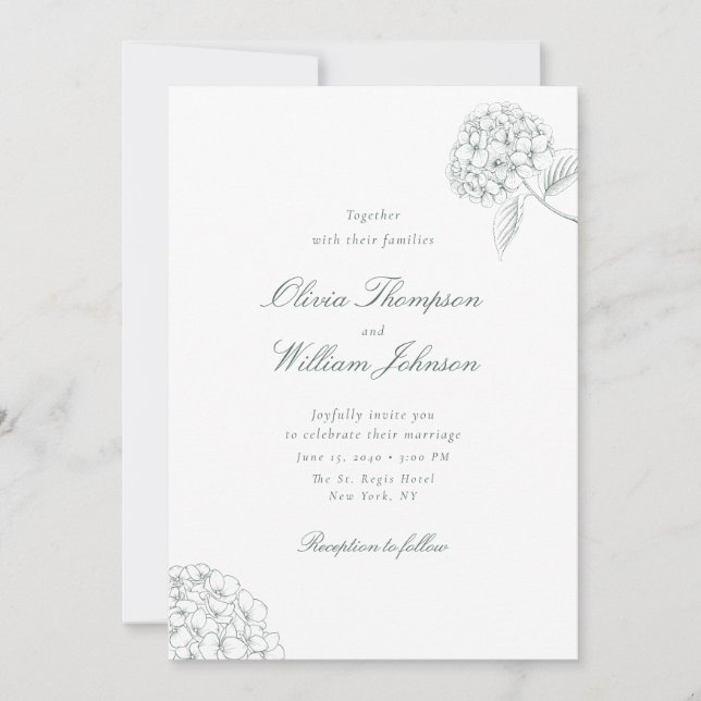 Invitación de boda verde con hortensia blanca (Anverso)