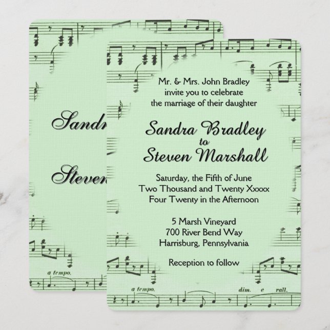 Invitación de boda verde con partitura (Anverso / Reverso)