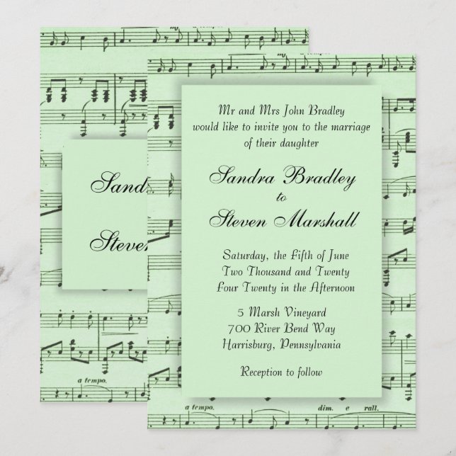 Invitación de Boda Verde con Partitura Musical (Anverso / Reverso)