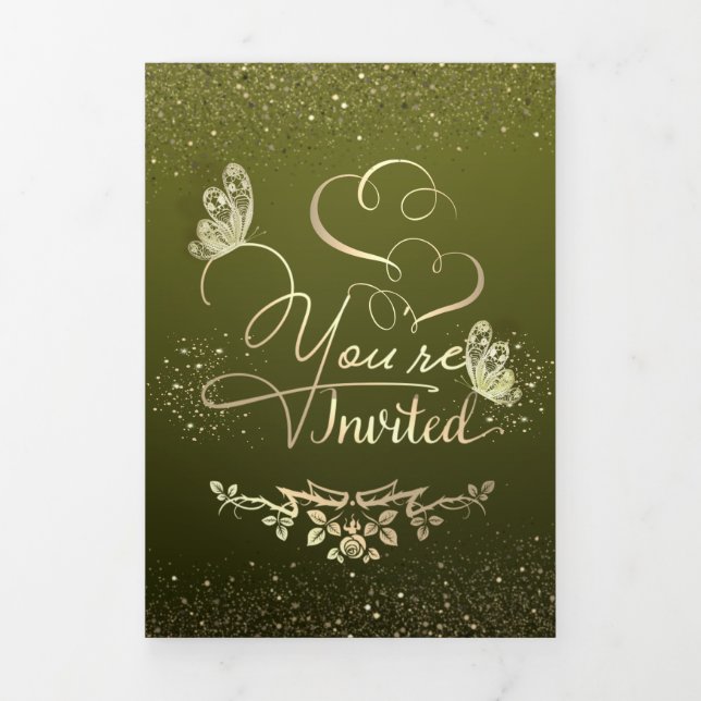 Invitación de boda verde con purpurina (Foto de portada)