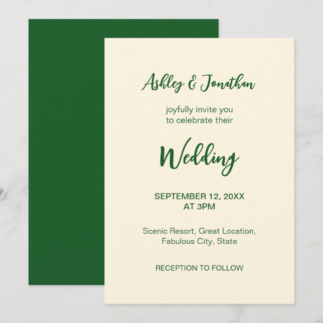 Invitación de boda verde crema de marfil (Anverso / Reverso)