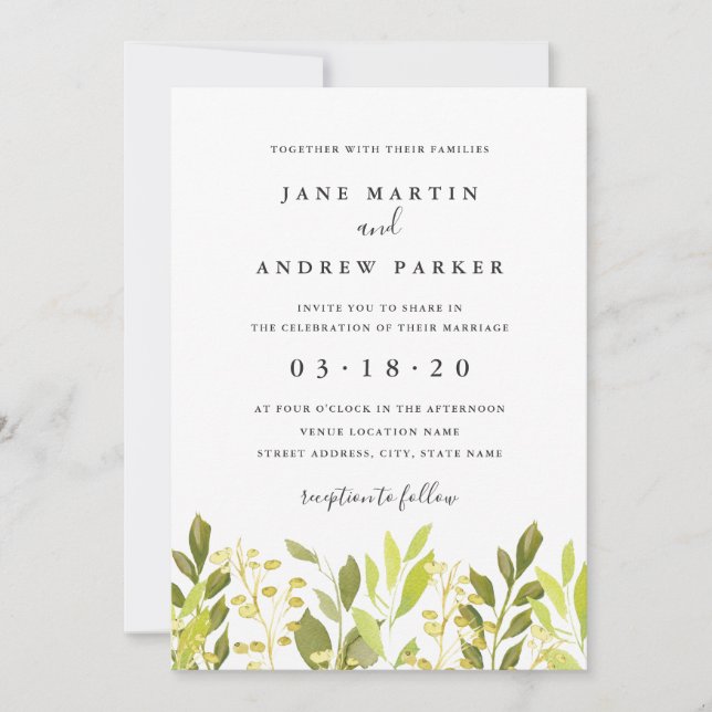 Invitación de boda verde de follaje botánico (Anverso)