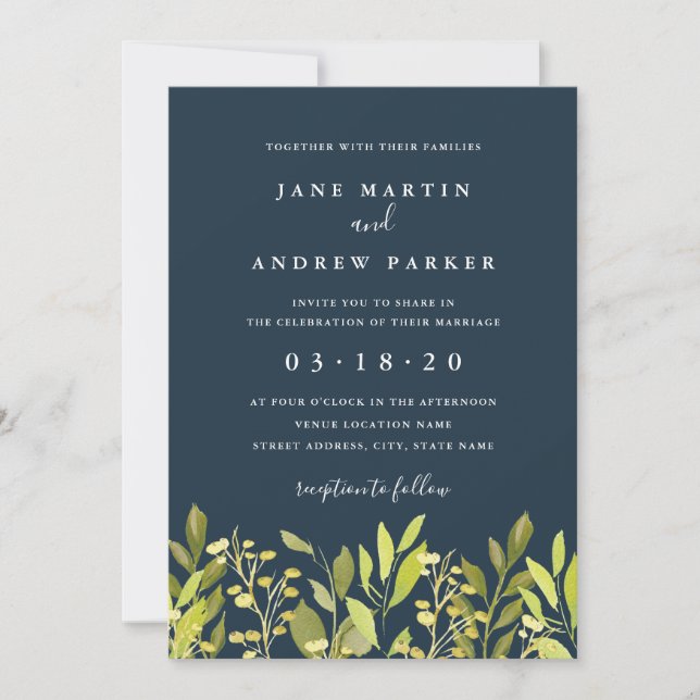 Invitación de Boda Verde de Follaje Botánico Navy (Anverso)