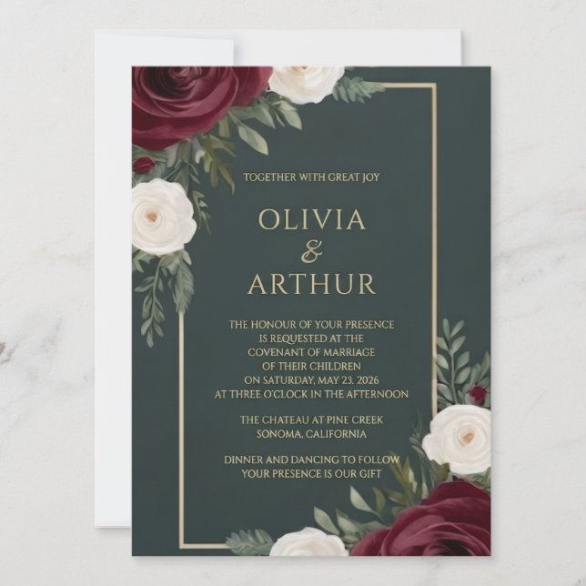Invitación de boda verde esmeralda profundo y burg (Anverso)