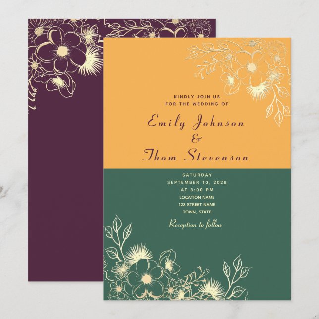 Invitación de boda verde esmeralda y dorada (Anverso / Reverso)