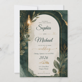 Invitación de boda verde esmeralda y dorada