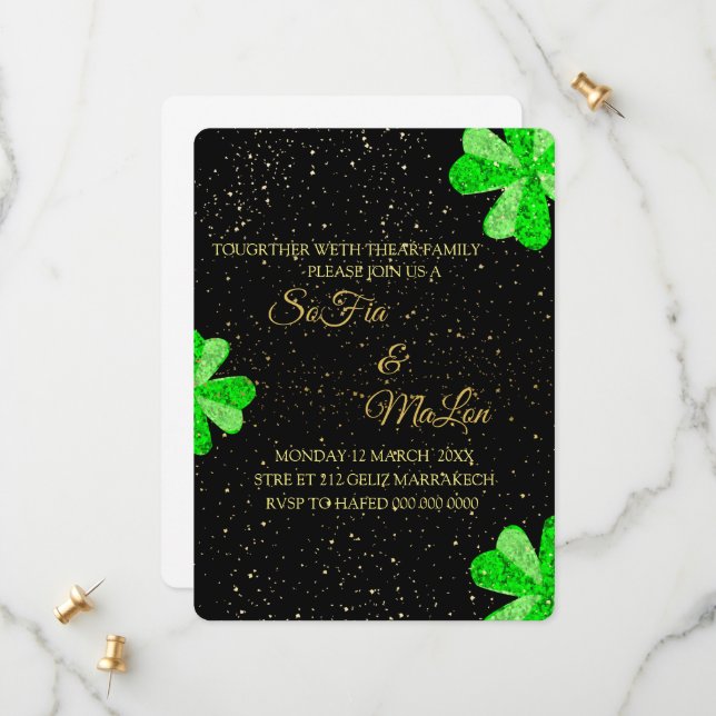 Invitación de boda verde esmeralda y dorada, Hoja  (Anverso/Reverso In Situ)