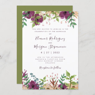Invitación de boda verde floral morado