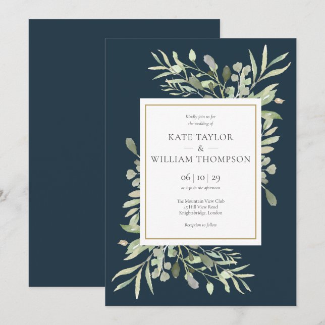 Invitación de Boda Verde Hojas Azul Mar Profundo D (Anverso / Reverso)