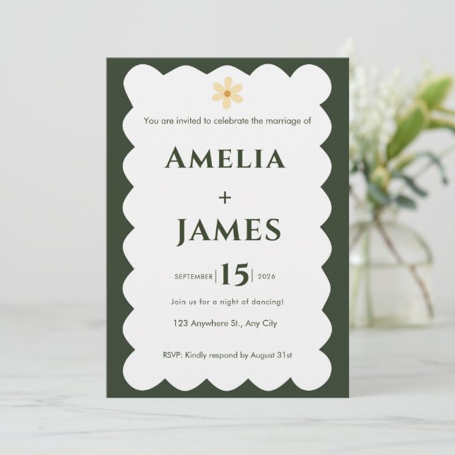 Invitación de boda verde moderna ondulada (Anverso de pie)