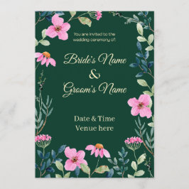 Invitación de boda verde oscuro y rosa botánico