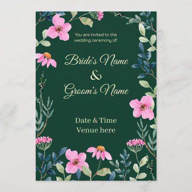 Invitación de boda verde oscuro y rosa botánico (Anverso)