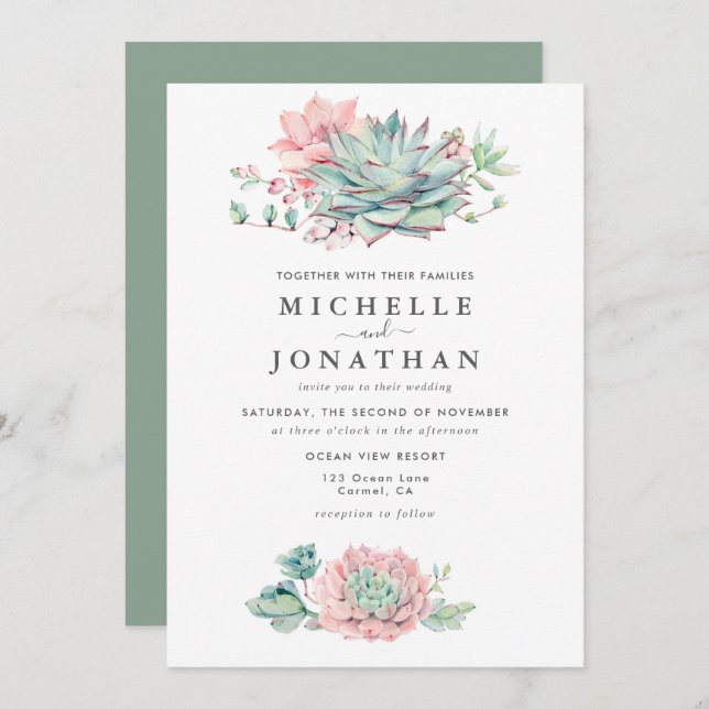 Invitación de boda verde rosa suculenta dulce (Anverso / Reverso)