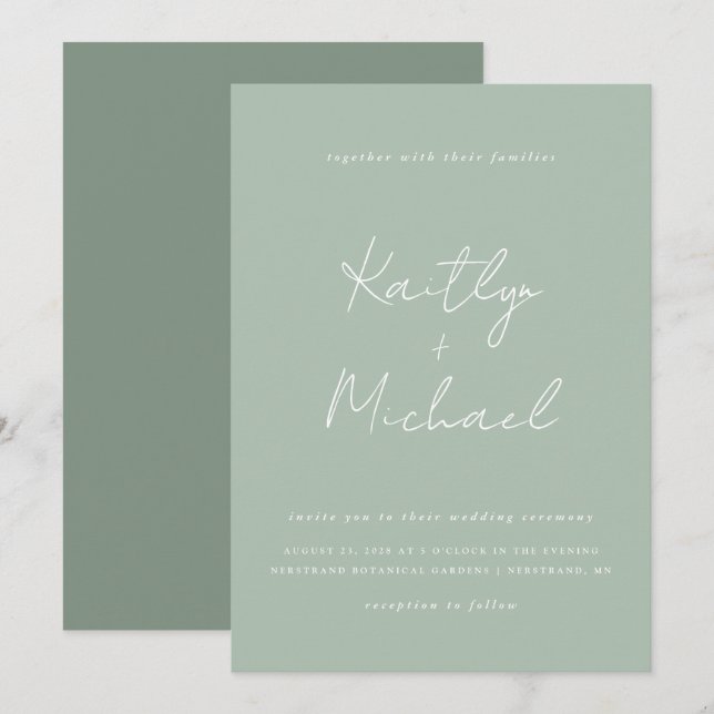 Invitación de boda verde salvia con letra moderna (Anverso / Reverso)