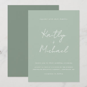 Invitación de boda verde salvia con letra moderna