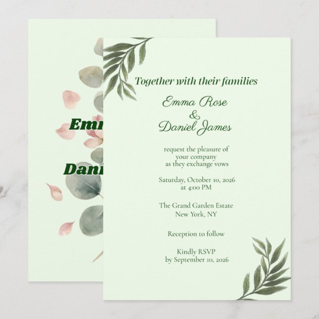 Invitación de boda verde salvia eucalipto | Botáni (Anverso / Reverso)