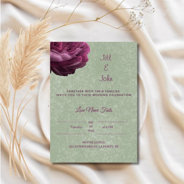 Invitación de boda verde salvia Peonía borgoña  (Subido por el creador)