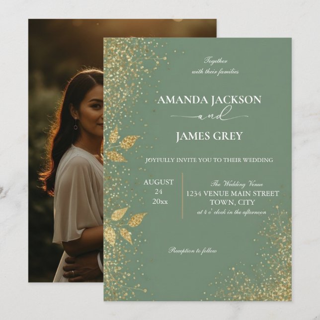 Invitación de boda verde salvia y dorado (Anverso / Reverso)