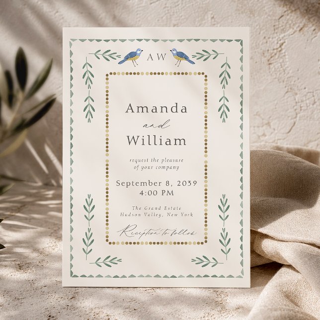 Invitación de Boda Verde Salvia y Dorado con Pájar (Subido por el creador)