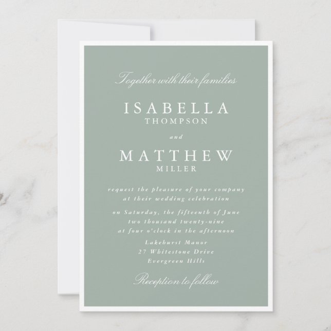 Invitación de boda verde suave con borde (Anverso)