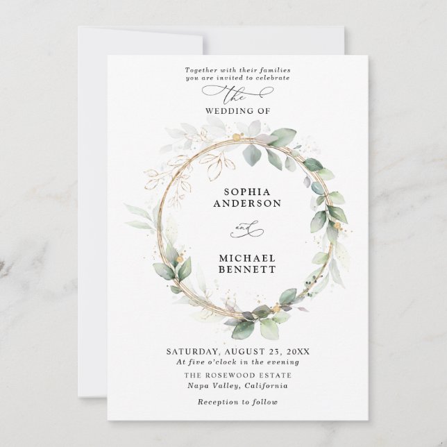 Invitación de boda Verde y Dorado (Anverso)