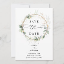 Invitación de Boda Verde y Dorado para Guardar la
