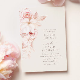 Invitación de Boda Vertical Floral Beige Rosado