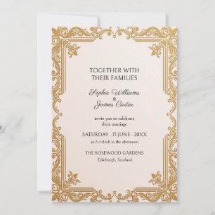 Invitación de boda victoriana de marfil y oro con 