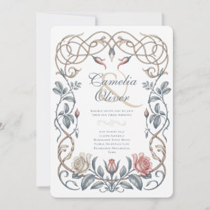 Invitación de boda victoriana floral azul y rosa H
