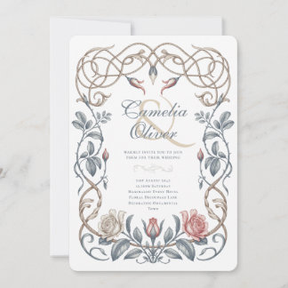 Invitación de boda victoriana floral azul y rosa H