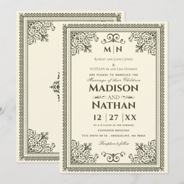 Invitación de Boda victoriano verde oliva gótica v (Anverso / Reverso)