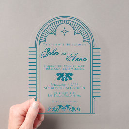 Invitación de boda vintage art déco verde azulado 