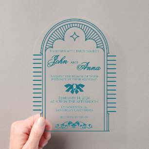 Invitación de boda vintage art déco verde azulado 