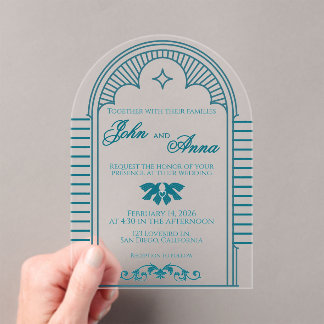 Invitación de boda vintage art déco verde azulado