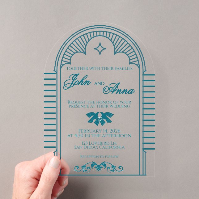 Invitación de boda vintage art déco verde azulado  (Insitu (portátil))