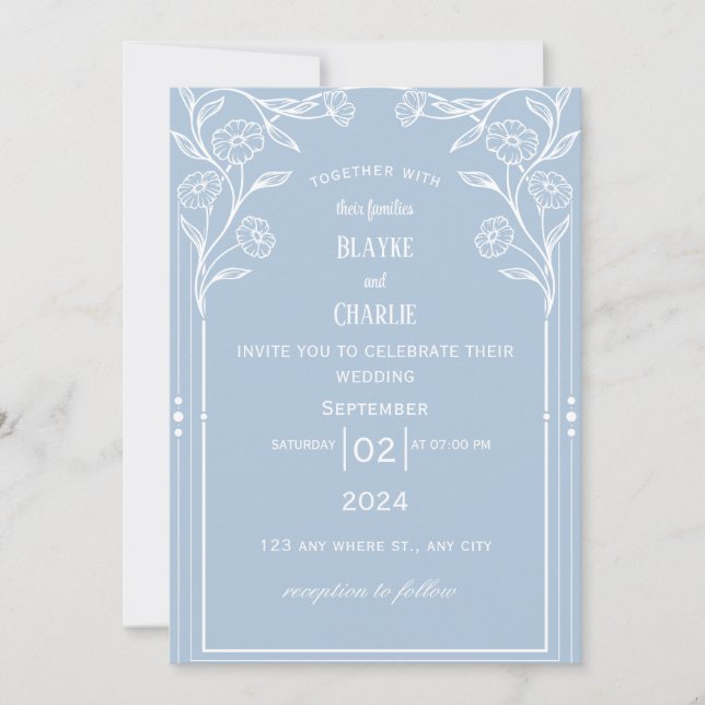 Invitación de boda vintage azul blanco (Anverso)