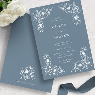 Invitación de boda vintage azul polvoriento y blan
