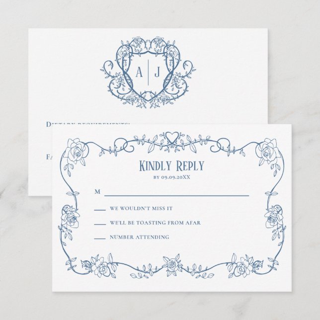 Invitación de boda vintage azul Rosa Rastrera, (Anverso / Reverso)